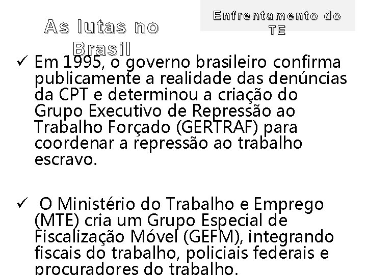 As lutas no Brasil Enfrentamento do TE ü Em 1995, o governo brasileiro confirma