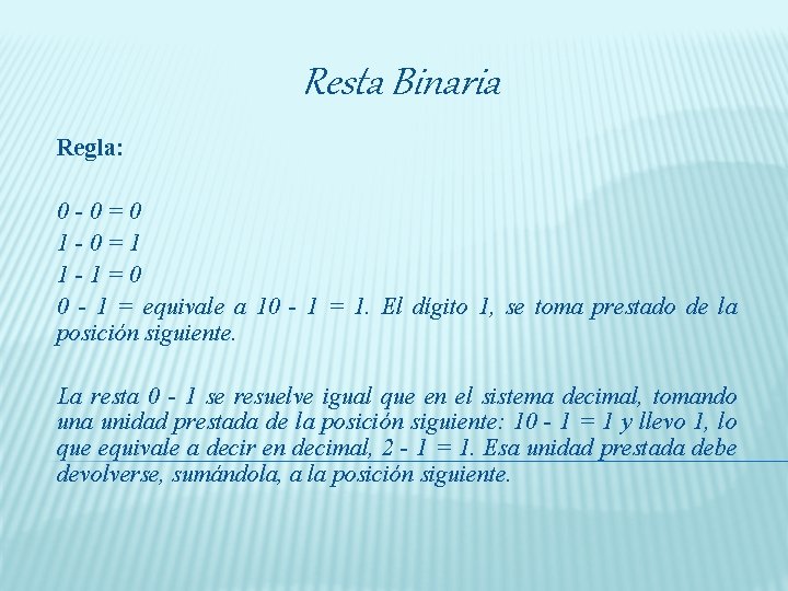 Resta Binaria Regla: 0 -0=0 1 -0=1 1 -1=0 0 - 1 = equivale