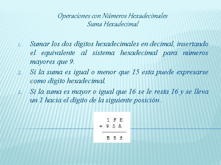 Operaciones con Números Hexadecimales Suma Hexadecimal 1. 2. 3. Sumar los dígitos hexadecimales en