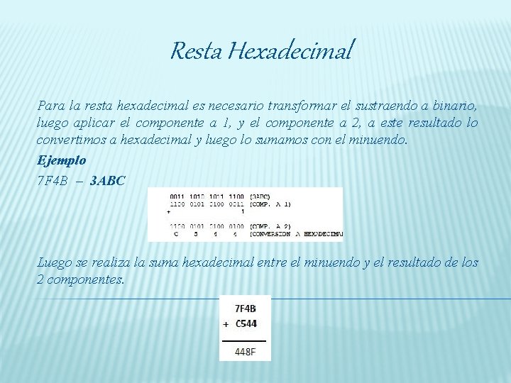 Resta Hexadecimal Para la resta hexadecimal es necesario transformar el sustraendo a binario, luego