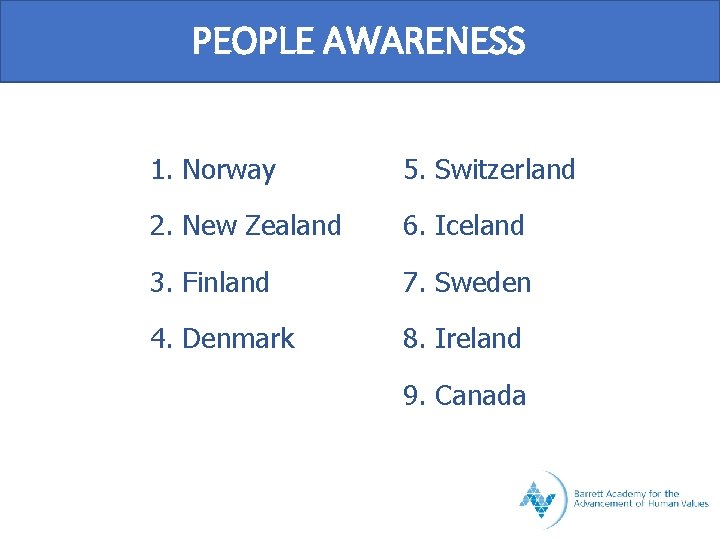 PEOPLE AWARENESS 1. Norway 5. Switzerland 2. New Zealand 6. Iceland 3. Finland 7.