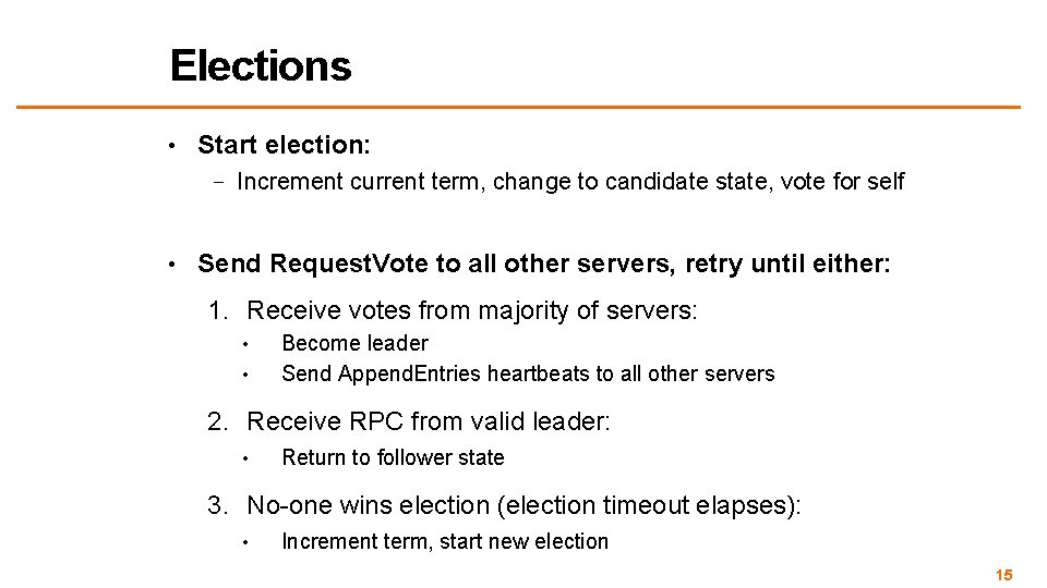 Elections • Start election: – Increment current term, change to candidate state, vote for