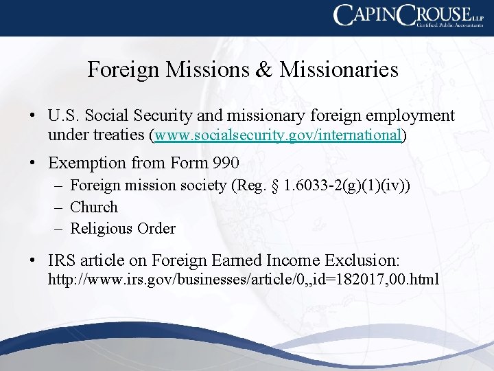 Foreign Missions & Missionaries • U. S. Social Security and missionary foreign employment under