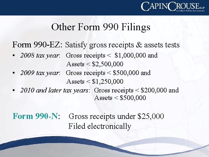 Other Form 990 Filings Form 990 -EZ: Satisfy gross receipts & assets tests •