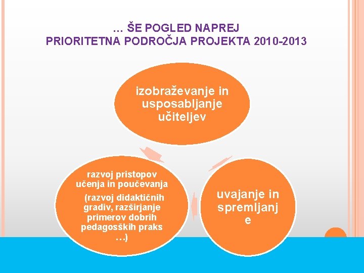 … ŠE POGLED NAPREJ PRIORITETNA PODROČJA PROJEKTA 2010 -2013 izobraževanje in usposabljanje učiteljev razvoj