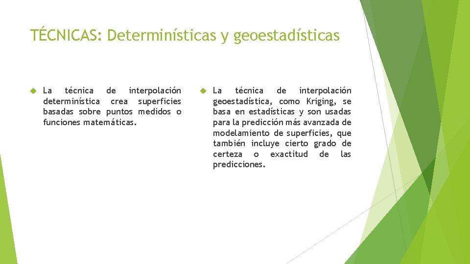 TÉCNICAS: Determinísticas y geoestadísticas La técnica de interpolación determinística crea superficies basadas sobre puntos