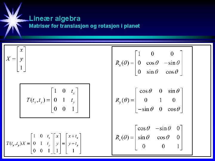 Lineær algebra Matriser for translasjon og rotasjon i planet 