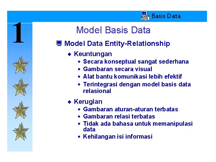 1 Basis Data Model Basis Data ¿ Model Data Entity-Relationship ¨ Keuntungan · ·