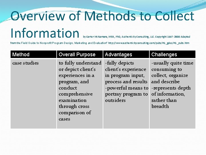 Overview of Methods to Collect Information by Carter Mc. Namara, MBA, Ph. D, Authenticity