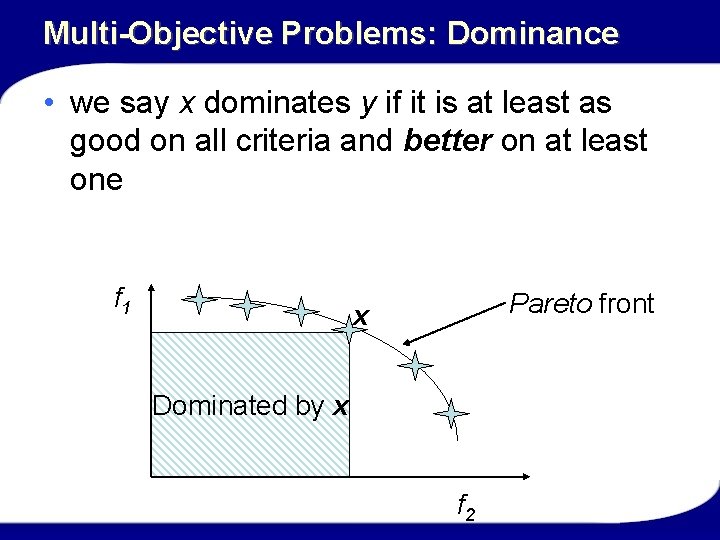 Multi-Objective Problems: Dominance • we say x dominates y if it is at least