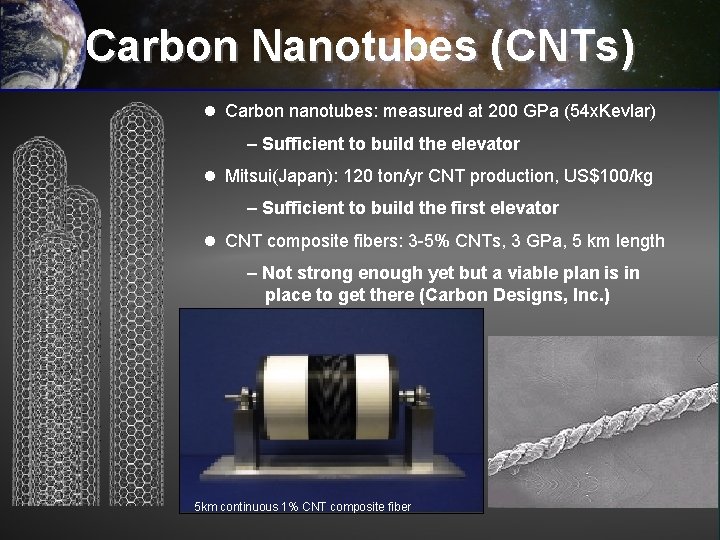 Carbon Nanotubes (CNTs) l Carbon nanotubes: measured at 200 GPa (54 x. Kevlar) –