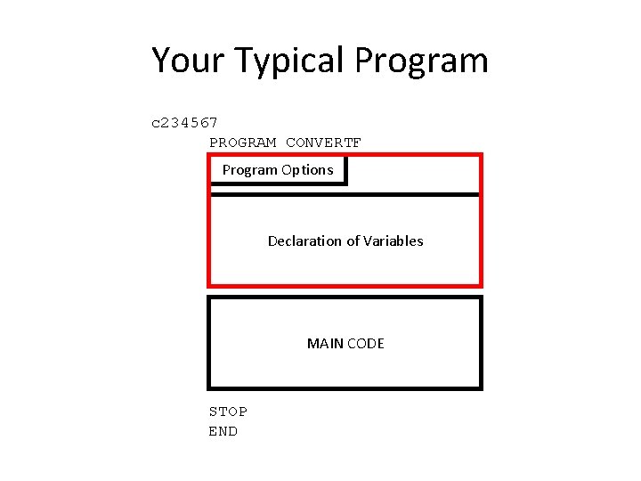 Your Typical Program c 234567 PROGRAM CONVERTF Program Options Declaration of Variables MAIN CODE