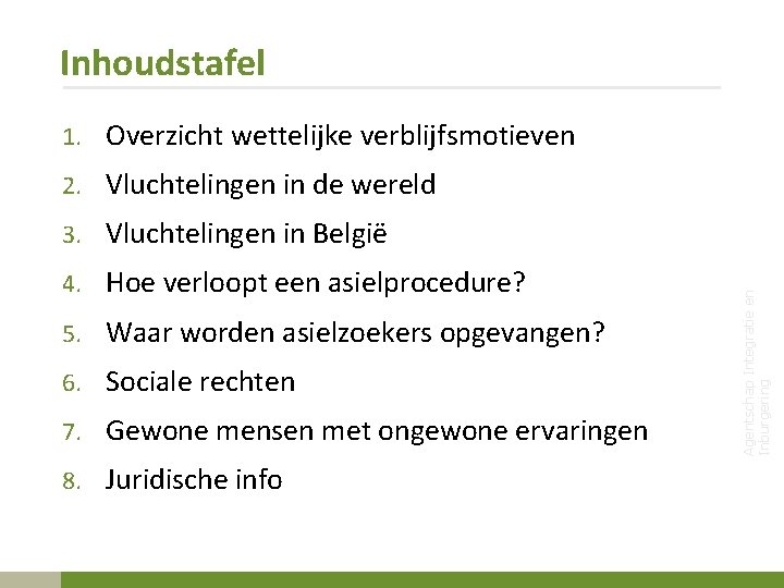 Inhoudstafel 1. Overzicht wettelijke verblijfsmotieven 2. Vluchtelingen in de wereld 4. Hoe verloopt een