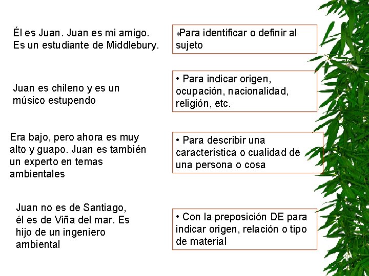 Él es Juan es mi amigo. Es un estudiante de Middlebury. Para identificar o