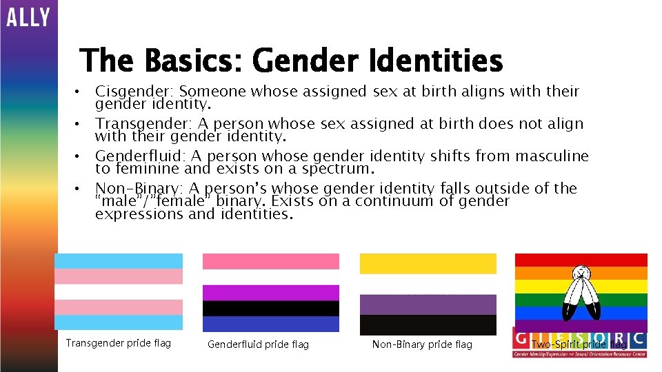 The Basics: Gender Identities • Cisgender: Someone whose assigned sex at birth aligns with