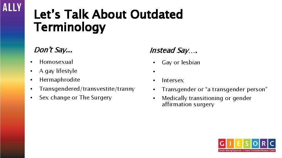 Let’s Talk About Outdated Terminology Don't Say. . . Instead Say…. • Homosexual •