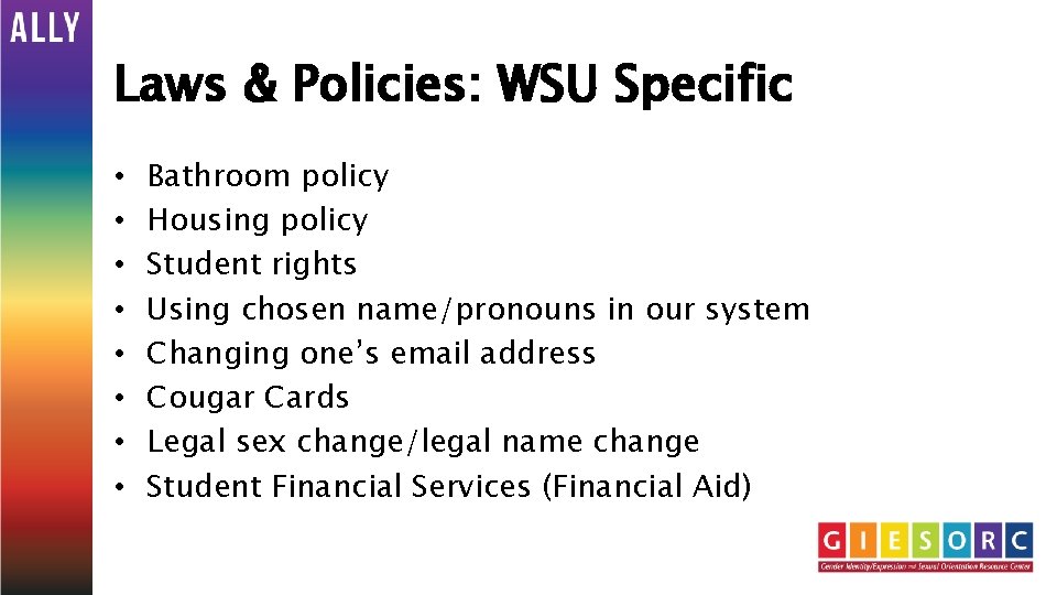 Laws & Policies: WSU Specific • • Bathroom policy Housing policy Student rights Using