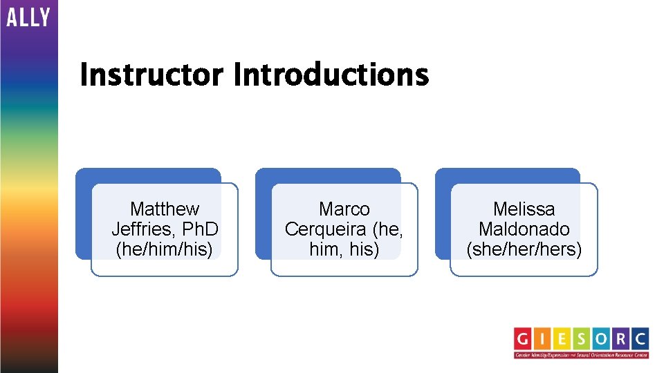 Instructor Introductions Matthew Jeffries, Ph. D (he/him/his) Marco Cerqueira (he, him, his) Melissa Maldonado
