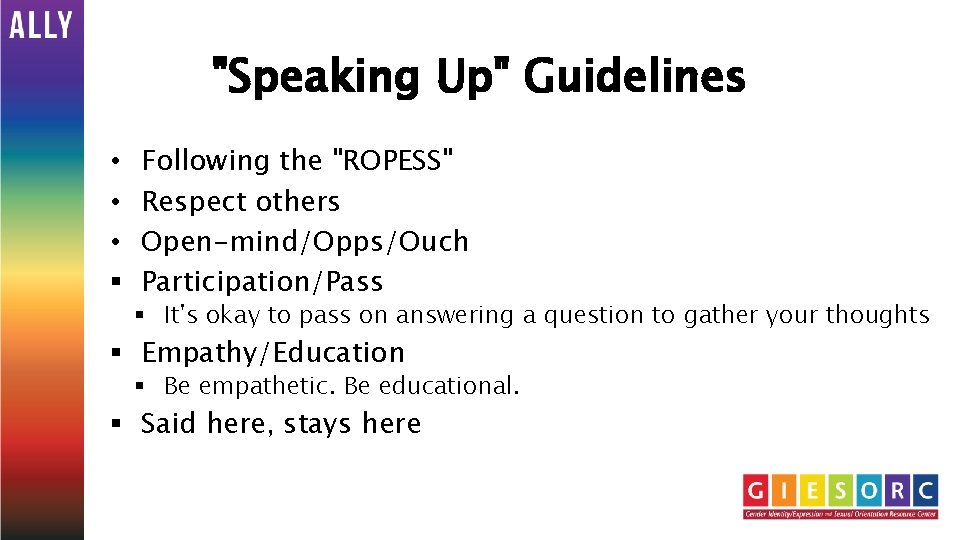 "Speaking Up" Guidelines • • • § Following the "ROPESS" Respect others Open-mind/Opps/Ouch Participation/Pass
