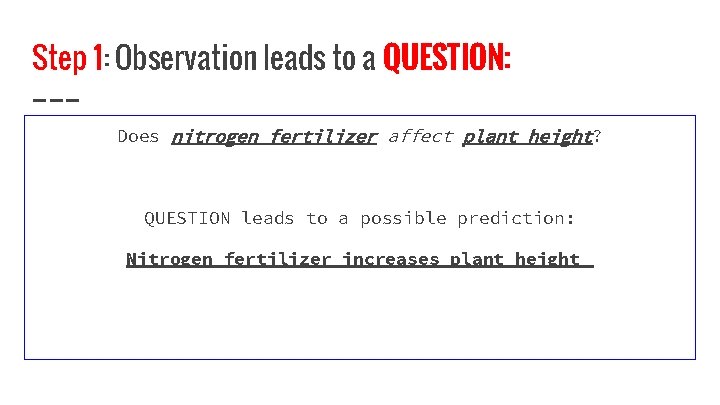 Step 1: Observation leads to a QUESTION: Does nitrogen fertilizer affect plant height? QUESTION