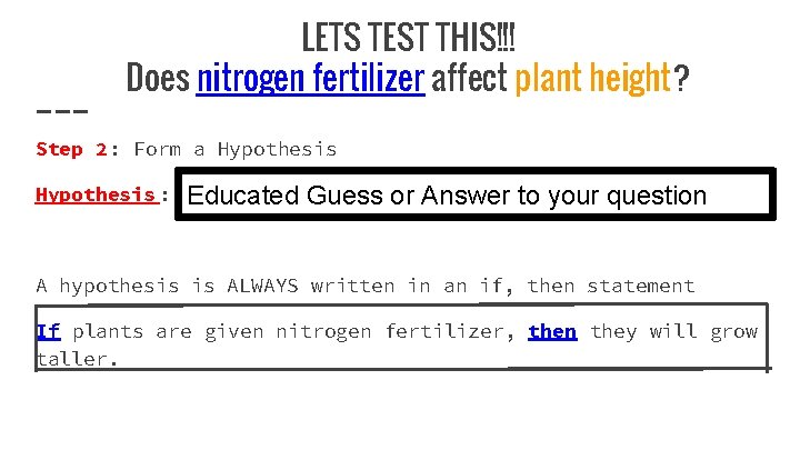 LETS TEST THIS!!! Does nitrogen fertilizer affect plant height? Step 2: Form a Hypothesis