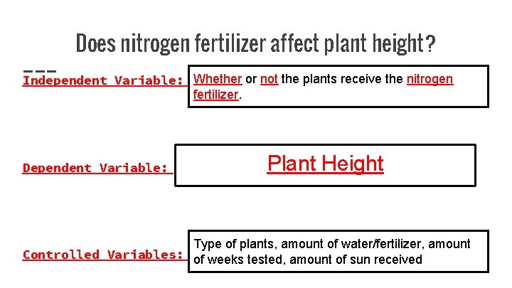 Does nitrogen fertilizer affect plant height? Independent Variable: Whether or not the plants receive
