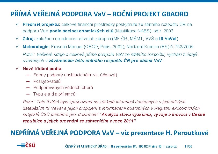 PŘÍMÁ VEŘEJNÁ PODPORA Va. V – ROČNÍ PROJEKT GBAORD ü Předmět projektu: celkové finanční