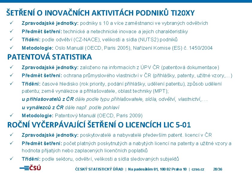 ŠETŘENÍ O INOVAČNÍCH AKTIVITÁCH PODNIKŮ TI 20 XY ü Zpravodajské jednotky: podniky s 10