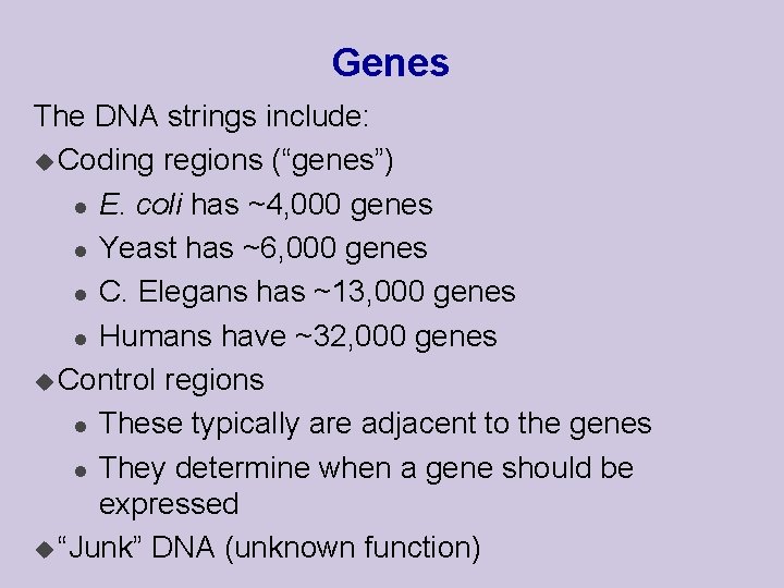 Genes The DNA strings include: u Coding regions (“genes”) l E. coli has ~4,