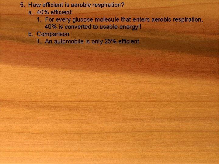 5. How efficient is aerobic respiration? a. 40% efficient 1. For every glucose molecule