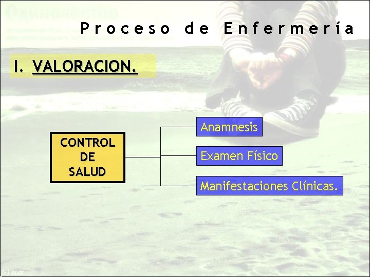 Proceso de Enfermería I. VALORACION. Anamnesis CONTROL DE SALUD Examen Físico Manifestaciones Clínicas. 