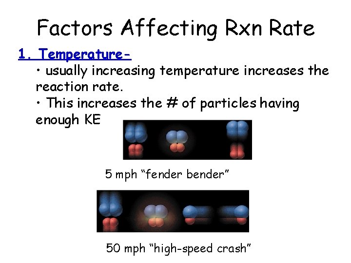 Factors Affecting Rxn Rate 1. Temperature • usually increasing temperature increases the reaction rate.