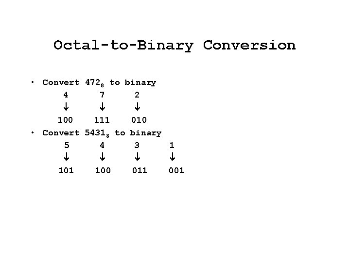 Octal-to-Binary Conversion • Convert 4728 to binary 4 7 2 100 111 010 •