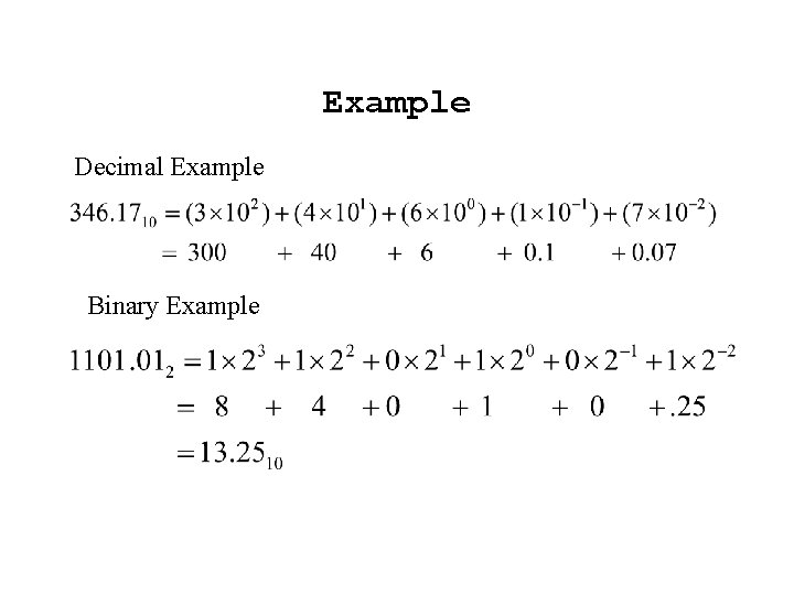 Example Decimal Example Binary Example 