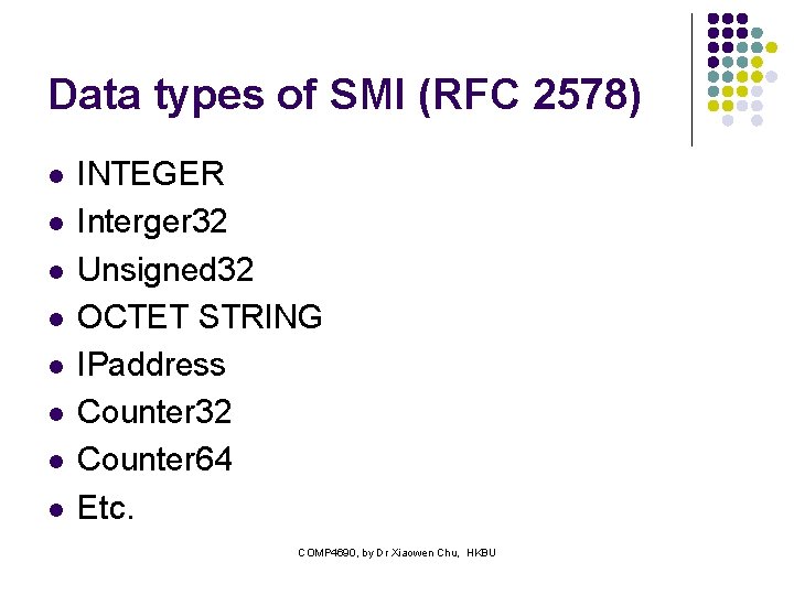 Data types of SMI (RFC 2578) l l l l INTEGER Interger 32 Unsigned