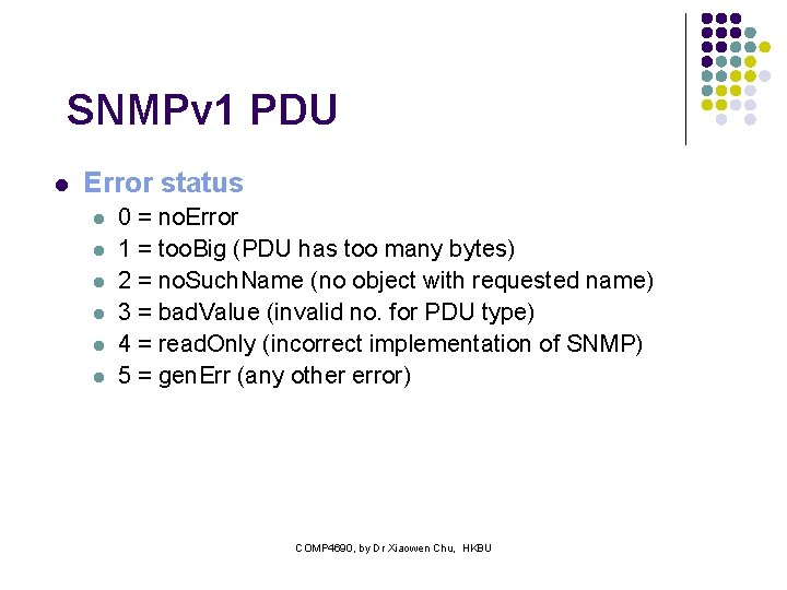 SNMPv 1 PDU l Error status l l l 0 = no. Error 1