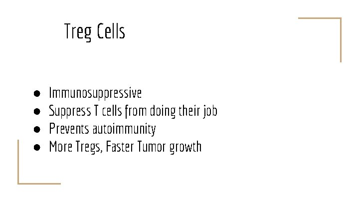 Treg Cells ● ● Immunosuppressive Suppress T cells from doing their job Prevents autoimmunity