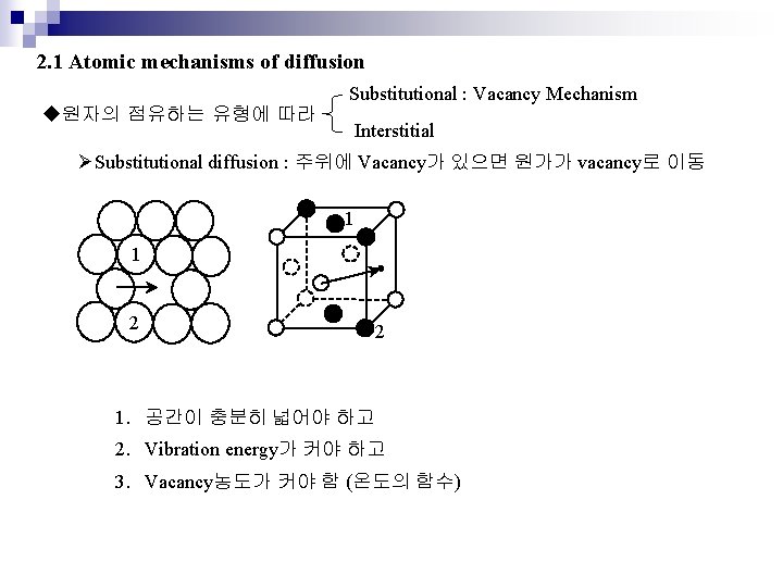 2. 1 Atomic mechanisms of diffusion u원자의 점유하는 유형에 따라 Substitutional : Vacancy Mechanism