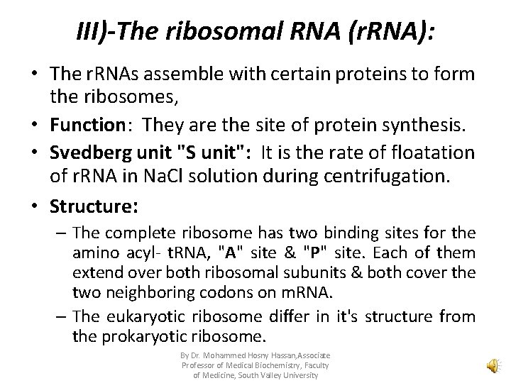 III)-The ribosomal RNA (r. RNA): • The r. RNAs assemble with certain proteins to
