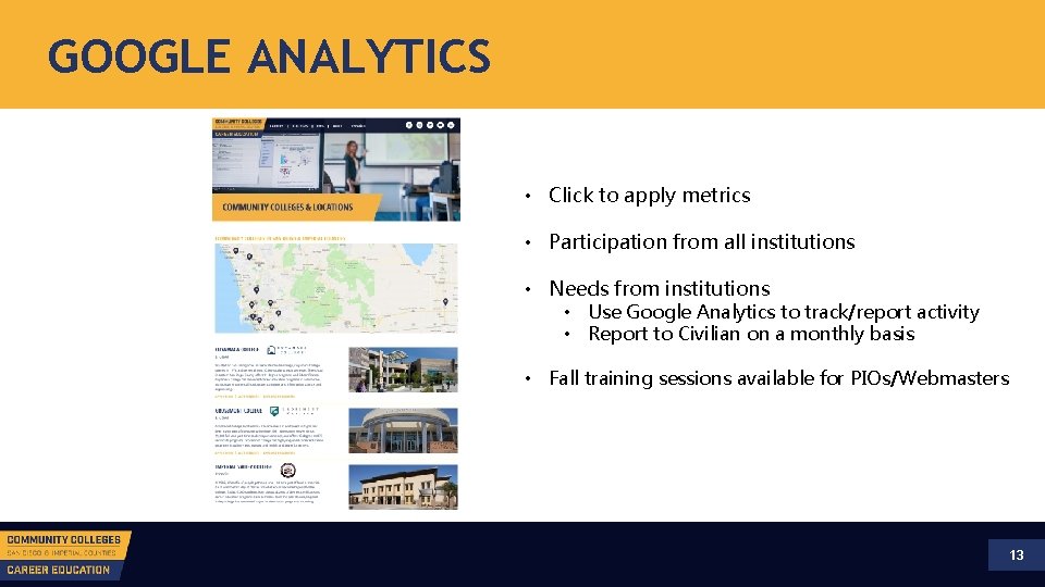 GOOGLE ANALYTICS • Click to apply metrics • Participation from all institutions • Needs