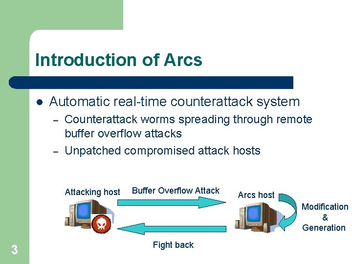 Introduction of Arcs l Automatic real-time counterattack system – – Counterattack worms spreading through