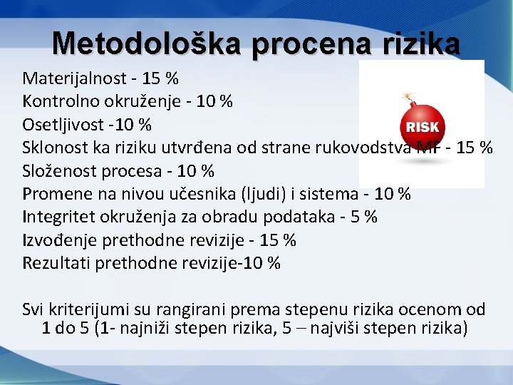 Metodološka procena rizika Materijalnost - 15 % Kontrolno okruženje - 10 % Osetljivost -10