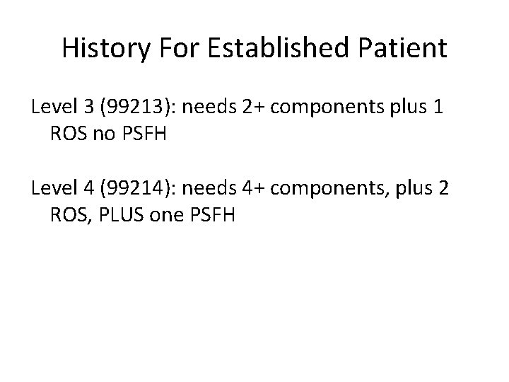 History For Established Patient Level 3 (99213): needs 2+ components plus 1 ROS no