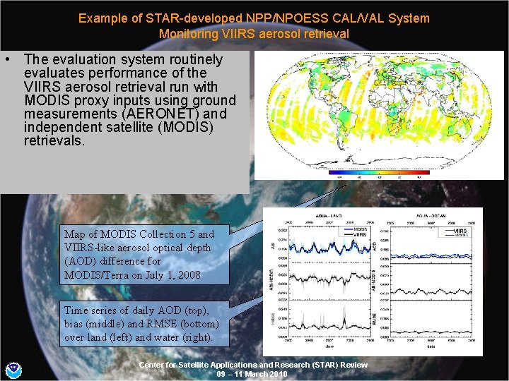 Example of STAR-developed NPP/NPOESS CAL/VAL System Monitoring VIIRS aerosol retrieval • The evaluation system