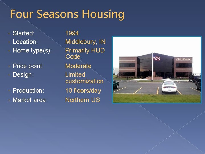 Four Seasons Housing Started: Location: Home type(s): Production: 1994 Middlebury, IN Primarily HUD Code