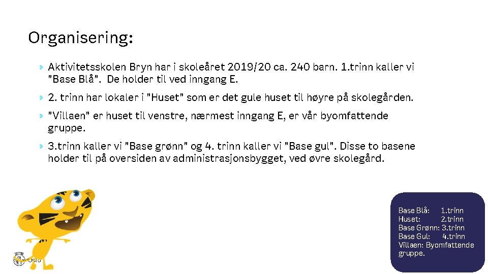 Organisering: Aktivitetsskolen Bryn har i skoleåret 2019/20 ca. 240 barn. 1. trinn kaller vi