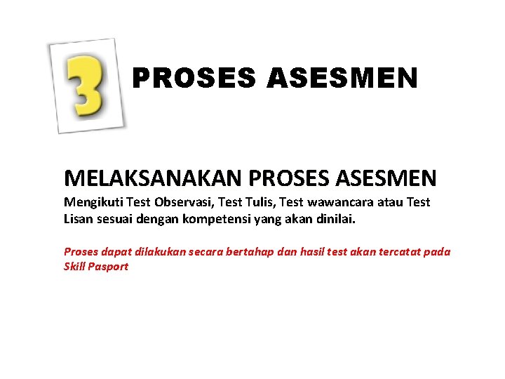 PROSES ASESMEN MELAKSANAKAN PROSES ASESMEN Mengikuti Test Observasi, Test Tulis, Test wawancara atau Test PROSES ASESMEN MELAKSANAKAN PROSES ASESMEN Mengikuti Test Observasi, Test Tulis, Test wawancara atau Test