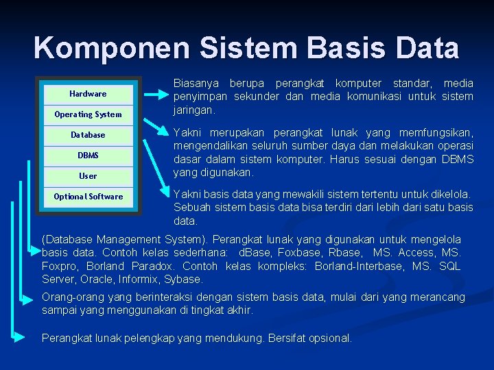 Komponen Sistem Basis Data Hardware Operating System Database DBMS User Optional Software Biasanya berupa