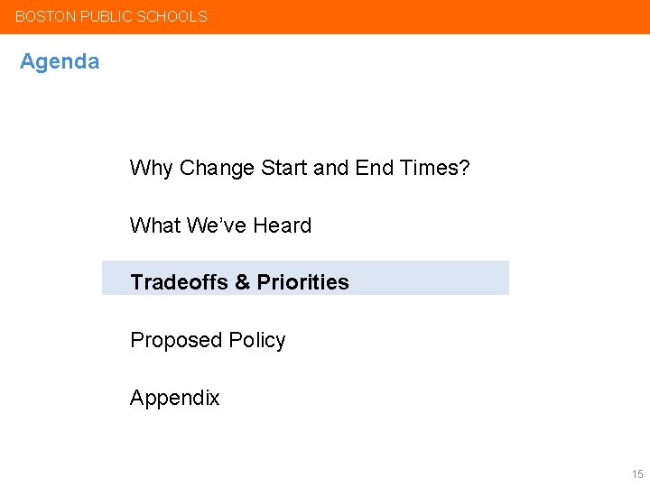 BOSTON PUBLIC SCHOOLS Agenda Why Change Start and End Times? What We’ve Heard Tradeoffs