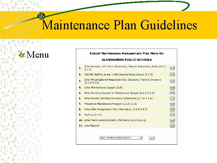 Maintenance Plan Guidelines Menu 